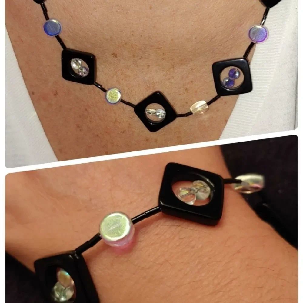 Handmade Necklace & Bracelet Black Onyx Iridescent glass beading